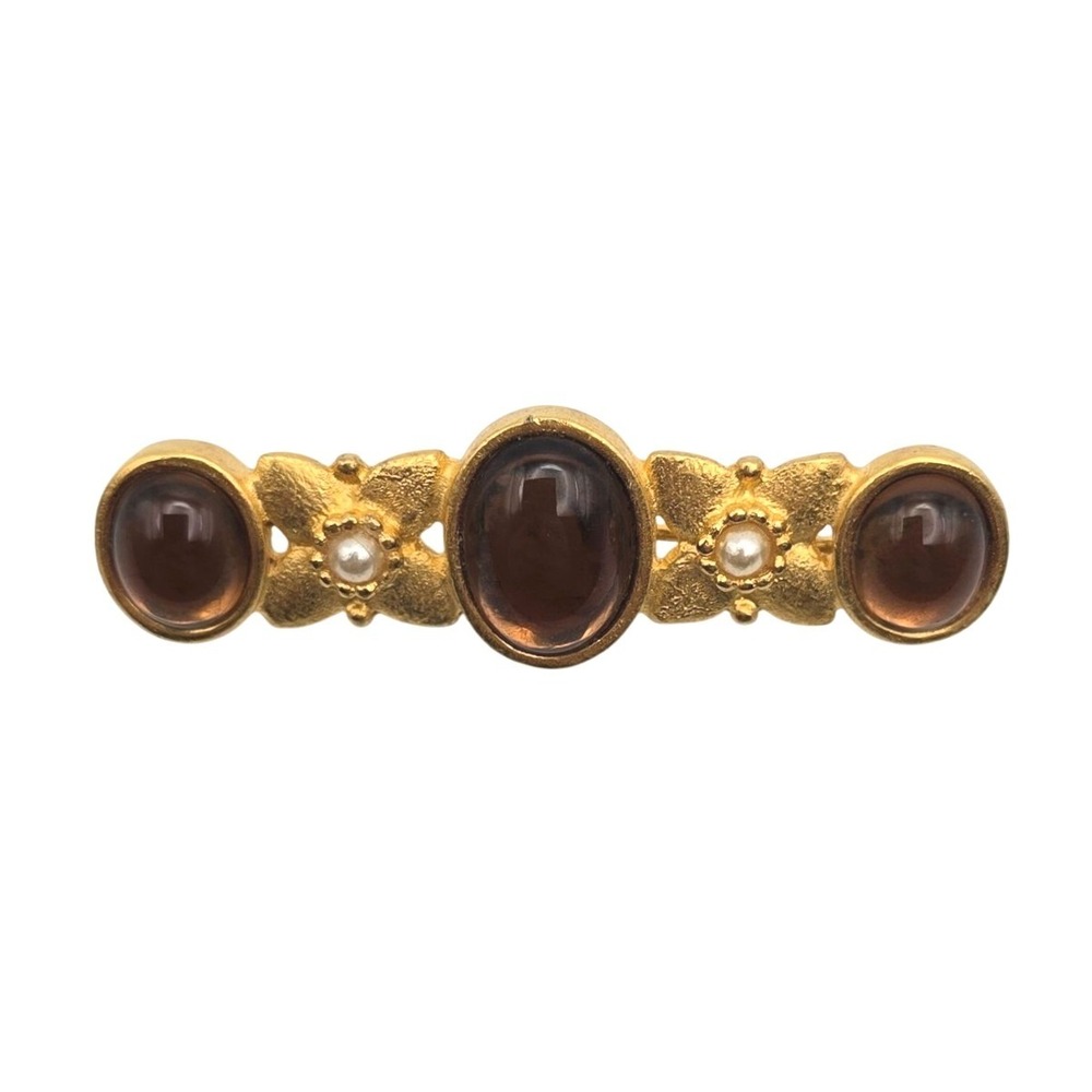 Vtg Glass Cabochon Faux Pearl Bar Brooch Gold‎ Tone Brown Pin Classic Elegant